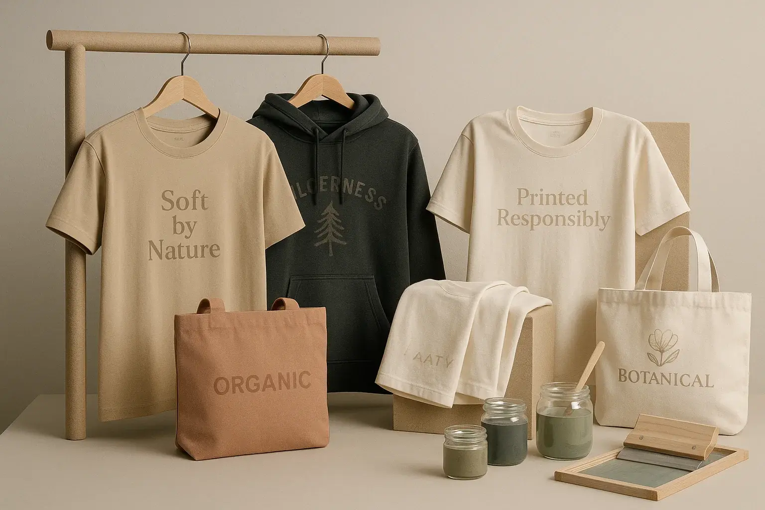 A clean, minimalist flat-lay studio setup showcasing an aesthetically arranged selection of open containers of water-based screen printing inks. The inks are displayed in small glass or aluminum pots, revealing rich, matte colours like earthy green, muted terracotta, soft charcoal, clay beige, and pastel blue. Each ink has a smooth, creamy texture with subtle brush strokes or screen mesh tools nearby. Some jars have wooden or metal stir sticks resting inside or alongside them, while others are slightly smudged at the rim to suggest recent use. Swatches of ink are dabbed onto textured, natural fabric samples (like organic cotton or hemp) placed beside each pot to show how the inks absorb into the material with a soft, seamless finish. The background is neutral — soft white, stone grey, or a light wooden tabletop — creating a calm, artisanal, and eco-conscious atmosphere. Lighting is soft and natural, casting gentle shadows that bring out the depth and tones of each ink colour. The overall mood is clean, curated, and professional — showcasing water-based inks as modern, eco-friendly, and design-forward tools for sustainable screen printing. A clean, minimalist flat-lay studio setup showcasing an aesthetically arranged selection of open containers of water-based screen printing inks. The inks are displayed in small glass or aluminum pots, revealing rich, matte colours like earthy green, muted terracotta, soft charcoal, clay beige, and pastel blue. Each ink has a smooth, creamy texture with subtle brush strokes or screen mesh tools nearby. Some jars have wooden or metal stir sticks resting inside or alongside them, while others are slightly smudged at the rim to suggest recent use. Swatches of ink are dabbed onto textured, natural fabric samples (like organic cotton or hemp) placed beside each pot to show how the inks absorb into the material with a soft, seamless finish. The background is neutral — soft white, stone grey, or a light wooden tabletop — creating a calm, artisanal, and eco-conscious atmosphere. Lighting is soft and natural, casting gentle shadows that bring out the depth and tones of each ink colour. The overall mood is clean, curated, and professional — showcasing water-based inks as modern, eco-friendly, and design-forward tools for sustainable screen printing.