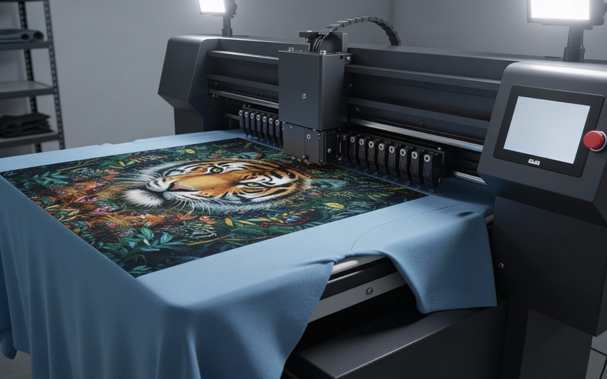 DTG printer applying detailed multicolour design