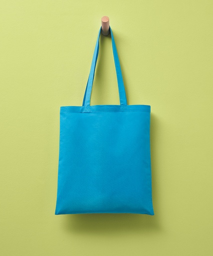 Turquoise cotton tote bag on a hook, before printing