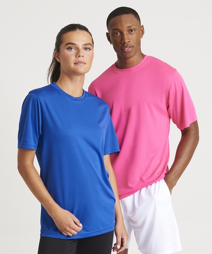 Two people in blue and pink sports t-shirts, before printing