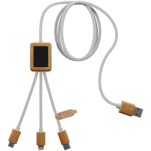 [2PX10801] [2PX10801] [2PX10801] SCX.design C39 3-in-1 rPET light-up logo charging cable with squared bamboo casing | 2PX108