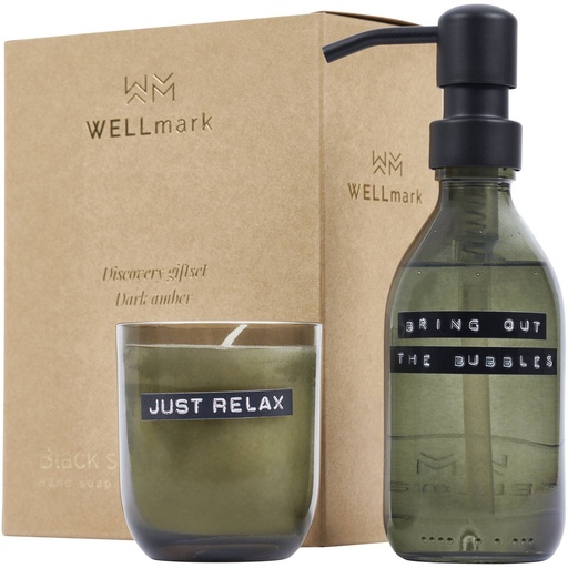 [12631164] Wellmark Discovery 200 ml hand soap dispenser and 150 g scented candle set - dark amber fragrance