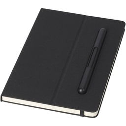 Black notebook with a matching pen, blank
