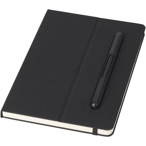 Black notebook with a matching pen, blank