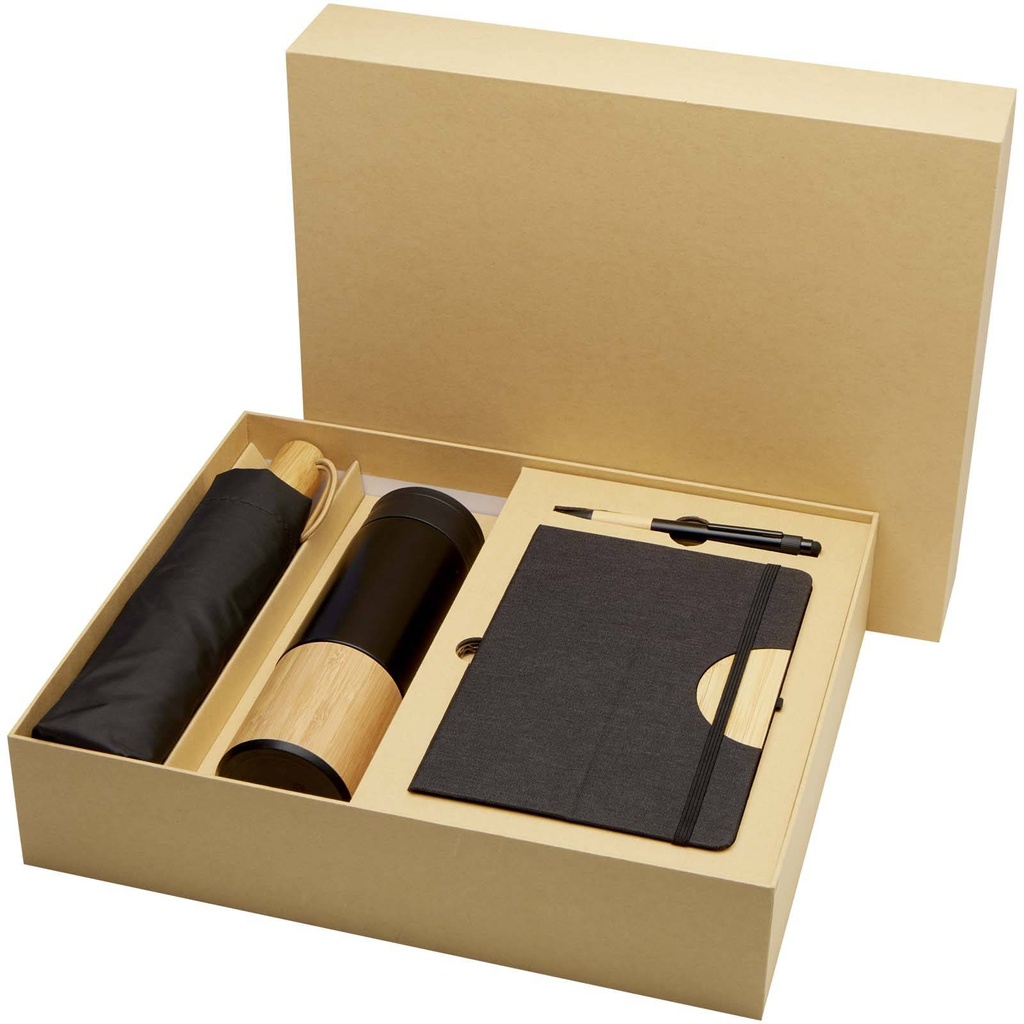 Gift box holding a folding umbrella, an insulated bottle, a notebook and a pen, blank