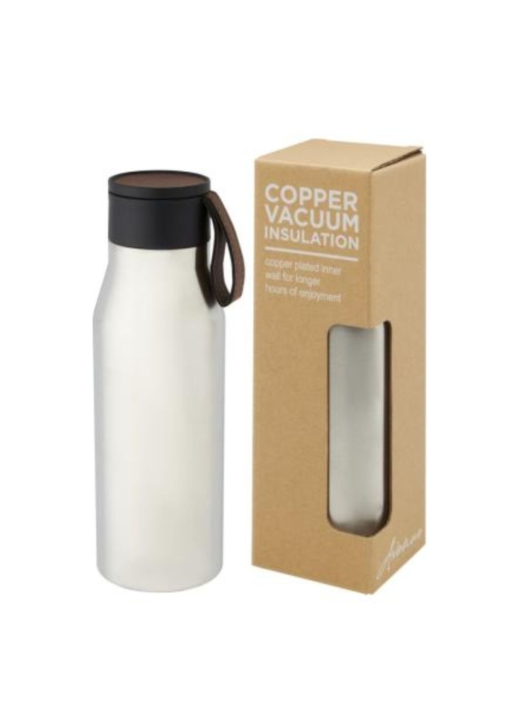 Ljungan 500 ml copper vacuum insulated stainless steel bottle with PU leather strap and lid - Silver | 27075