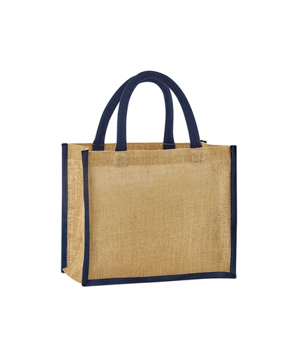 Jute tote bag with navy handles, blank