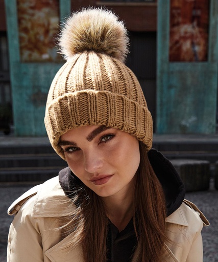 Fur pop pom chunky beanie BC412