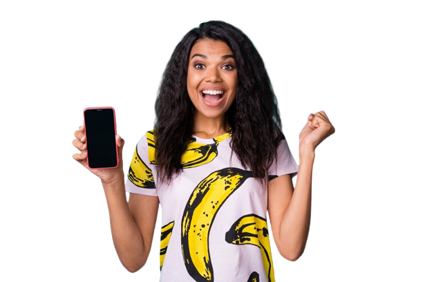Cmyk screen printing - photo lovely amazed girl hold cellphone screen empty space raise fist wear banana print t shirt isolated turquoise color background 274222 35869 1 removebg preview