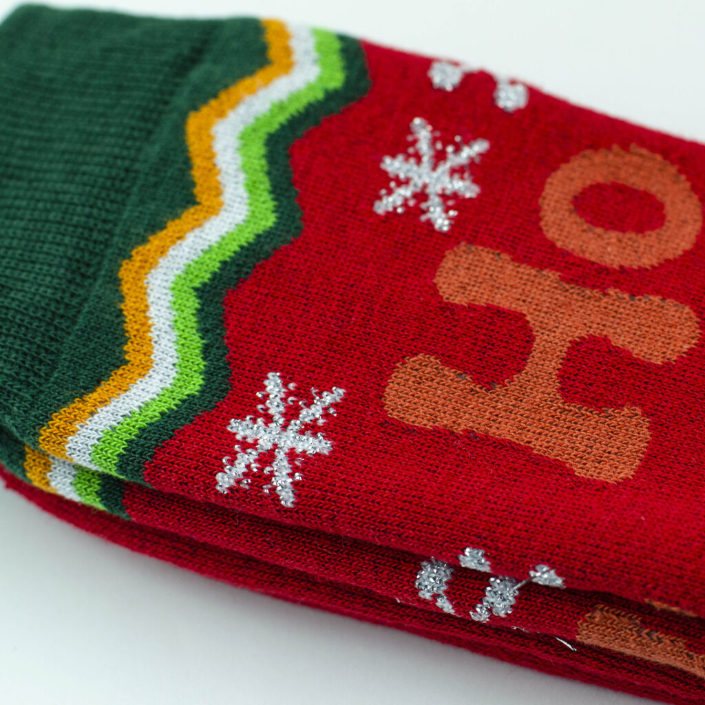 2 sustainable and personalised christmas socks to promote your brand - ks09 christmas socks ho ho ho lurex closeup 1 2